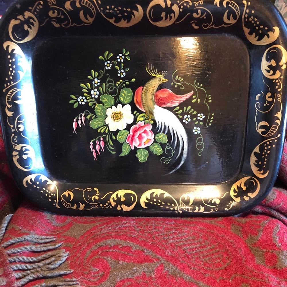 Vtg black toleware tray, handpainted, peacock, euc